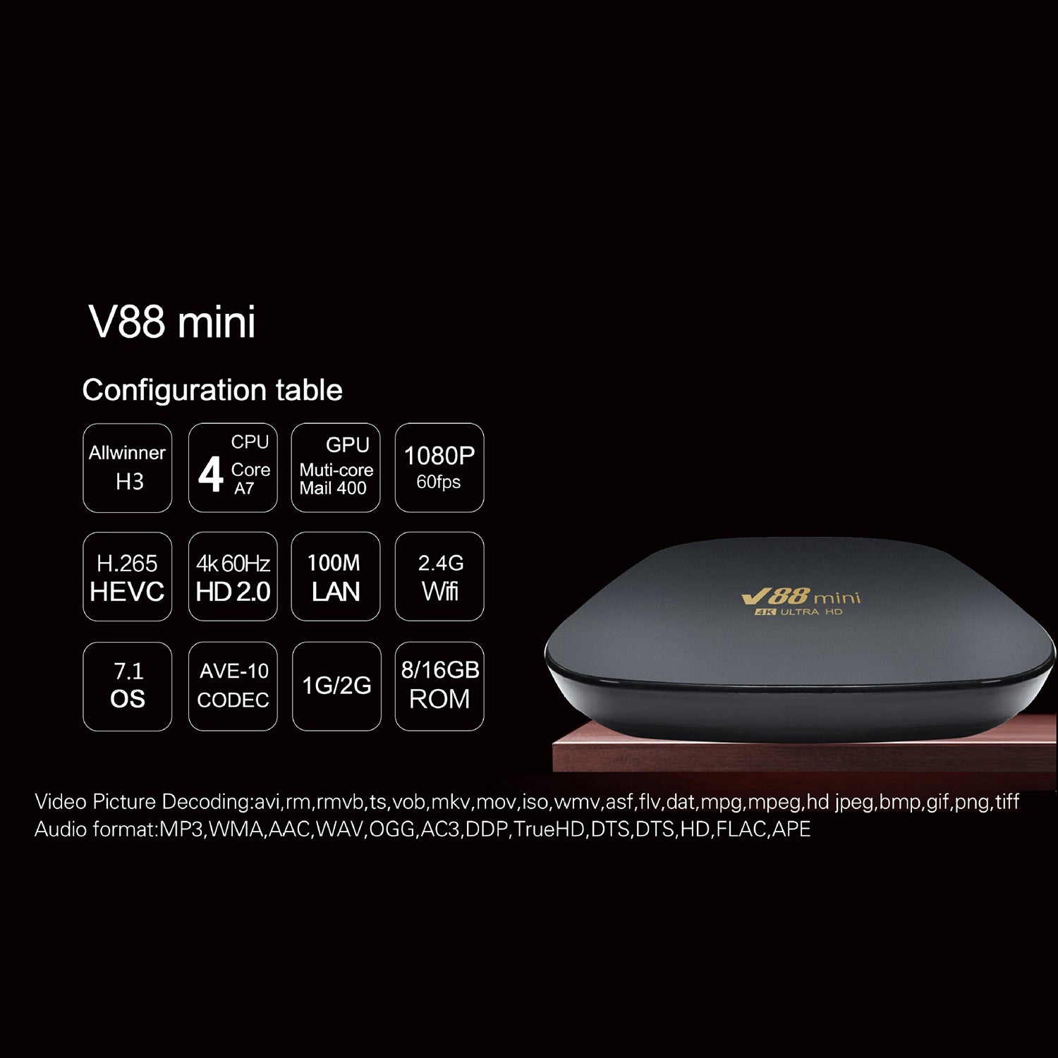 V88 Mini Smart Media Player 8K H.265 2.4G WiFi Android 7.1 Set Top Box Allwinner H3 Quad Core TV Box (1 8G) V88 Mini Smart Media Player 8K H.265 2.4G WiFi Android 7.1 Set Top Box Allwinner H3 Quad Core TV Box (1 8G)